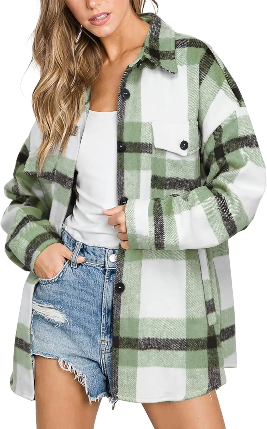 Women's Flannel Plaid Shacket Long Sleeve Button Down Chest Pocketed Shirts Jacket Coats