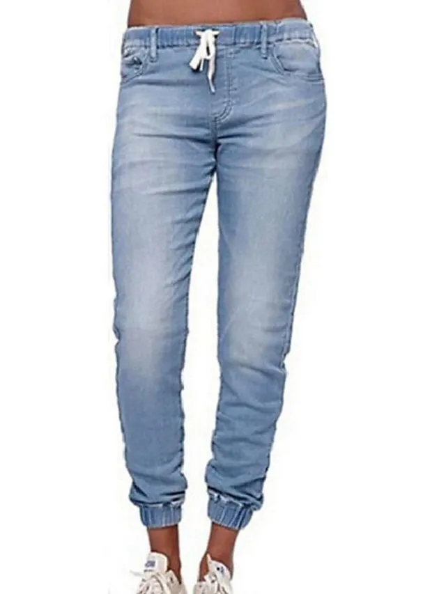 Women‘s Low Rise Jeans Pants Trousers Ankle-Length Denim Side Pockets Micro-elastic Mid Waist Fashion Casual Weekend Light Blue Black S M