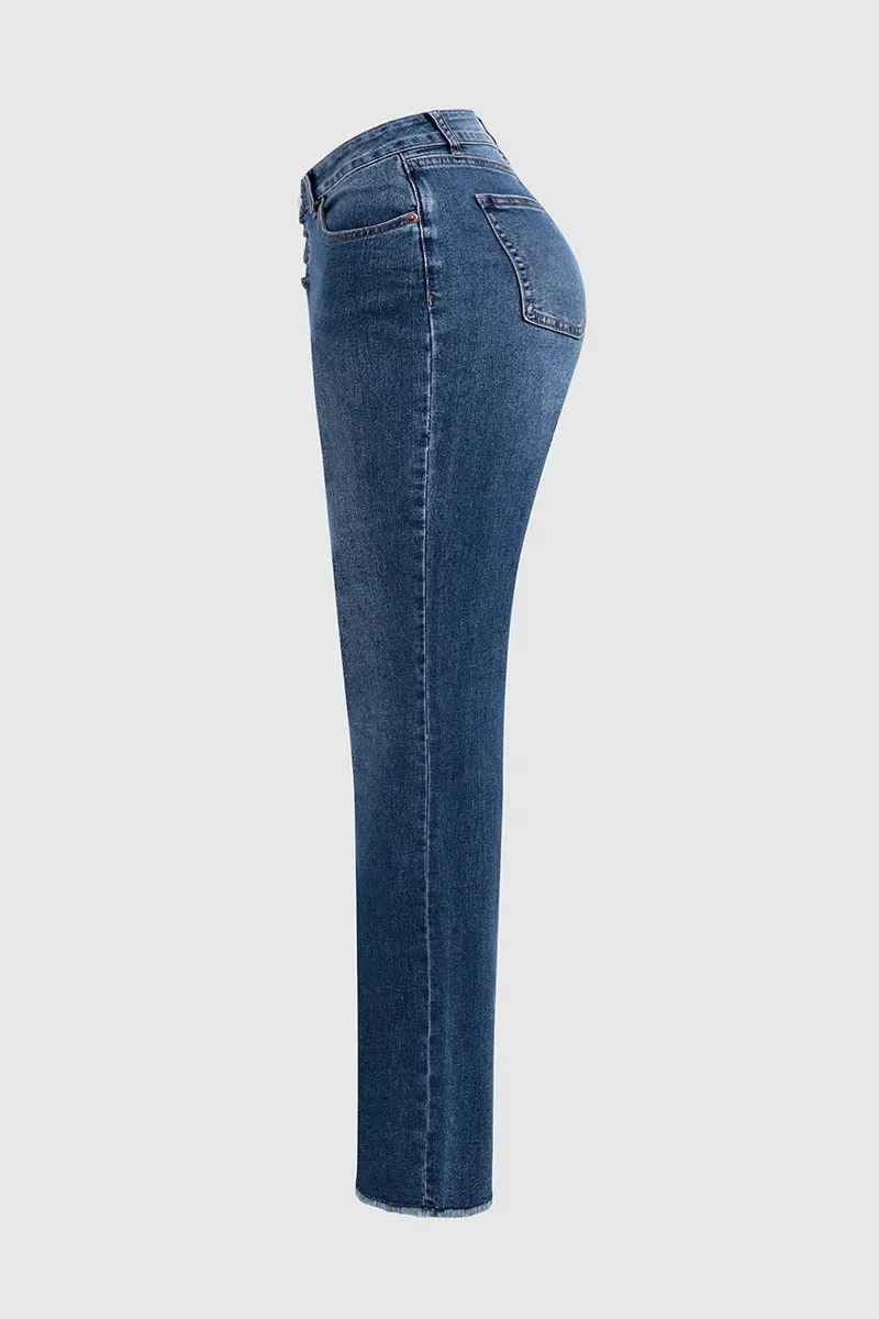 Button Fly Mid Waist Straight Leg Jeans