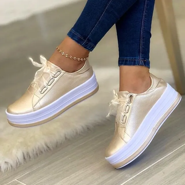 Women's Sneakers White Shoes Plus Size Platform Sneakers Daily Summer Spring Fall Platform Flat Heel Round Toe Sporty Casual Walking Shoes PU Lace-up Solid Color Silver Dark Red Black