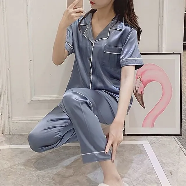 Women's Pajamas Pjs Sets 2 Pieces Pure Color Fashion Simple Comfort Home Xmas Christmas Daily Satin Lapel Short Sleeve Shirt Pant Elastic Waist Summer Spring Silver Black