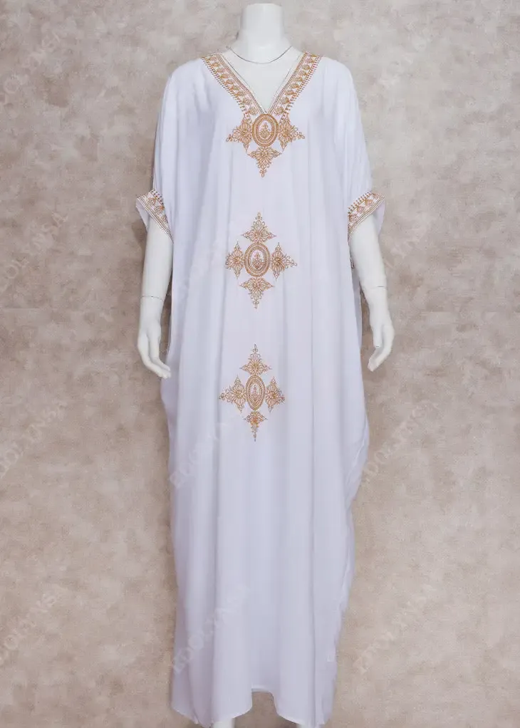 2023 Elegant Gold Embroidered Kaftan Retro V Neck White Dress
