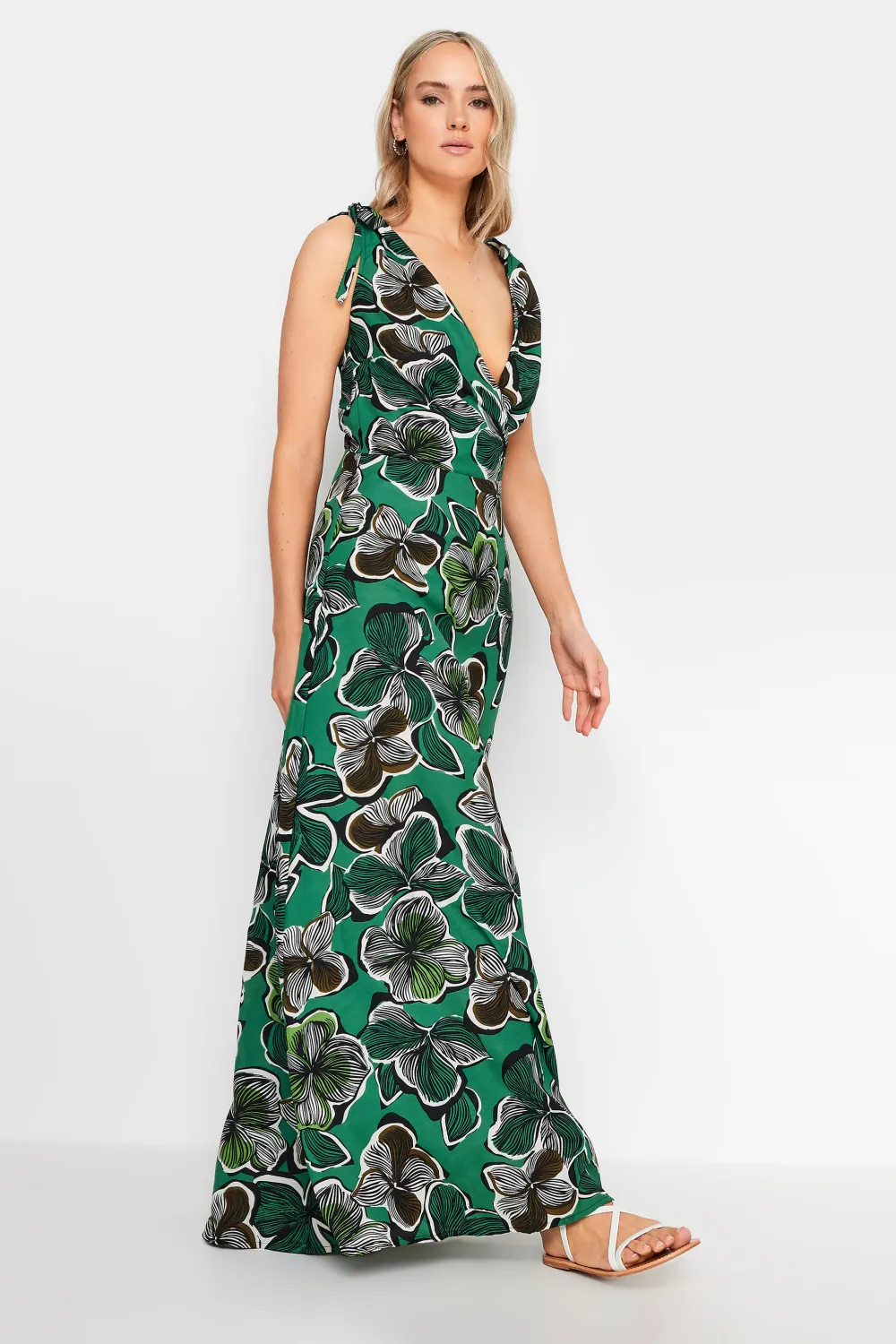 LTS Tall Green Tropical Print Shoulder Tie Maxi Dress