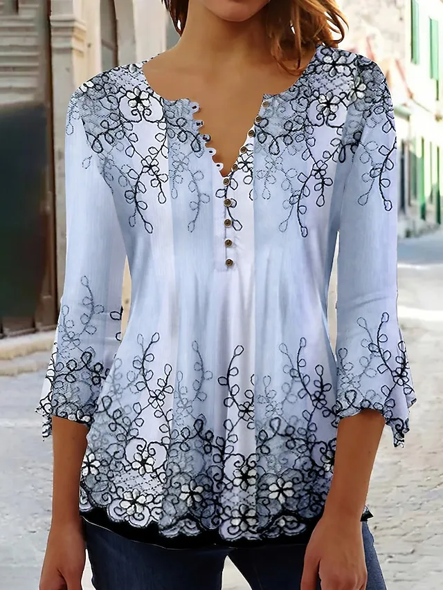 Women's Shirt Blouse Pink Blue Purple Floral Button Print 3/4 Length Sleeve Casual Holiday Basic Round Neck Regular Fit Floral