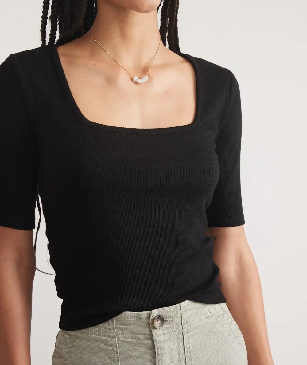 Black Rib Square Neck Top