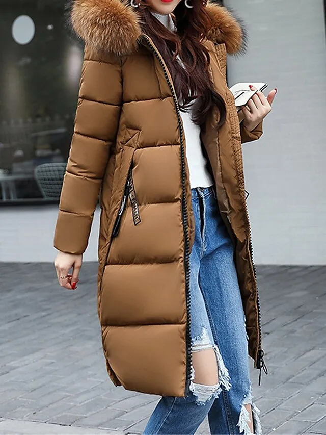 Women's Parka Long Puffer Jacket Winter Coat with Fur Collar Hood Thicken Windproof Warm Jacket Zip up Coat with Pockets Comtemporary Stylish Casual Jacket Long Sleeve Black Pink Army Green