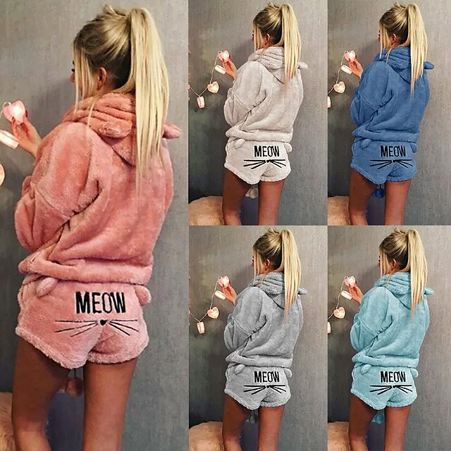 Women's Loungewear Fluffy Pajama Fuzzy Sweatsuit Sets 2 Pieces Animal Cat Warm Plush Comfort Home Street Daily Fleece Hoodie Long Sleeve Hoodie Shorts Elastic Waist Fall Winter Pink Navy Blue
