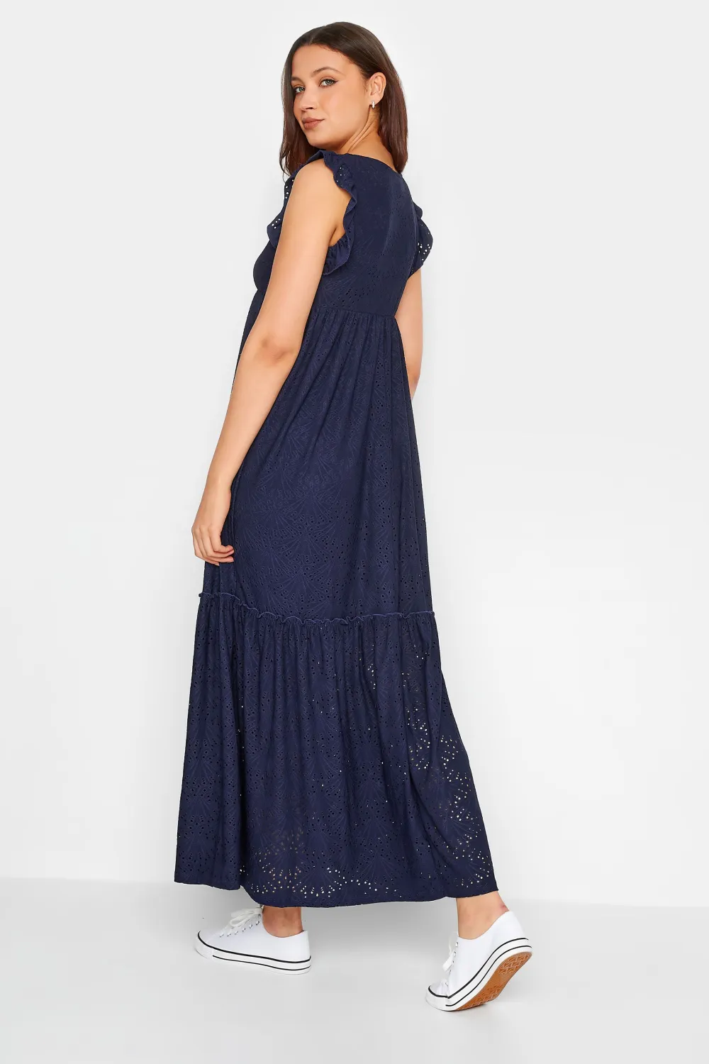 LTS Tall Navy Blue Broderie Anglaise Frill Maxi Dress