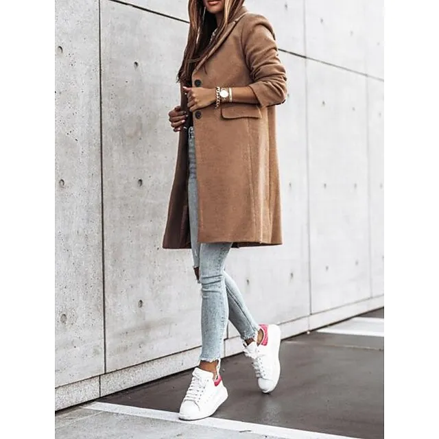 Women's Winter Coat Long Overcoat Fall Stand Collar Trench Coat Warm Windproof Pea Coat with Pockets Formal Stylish Casual Street Jacket Long Sleeve Black White Khaki
