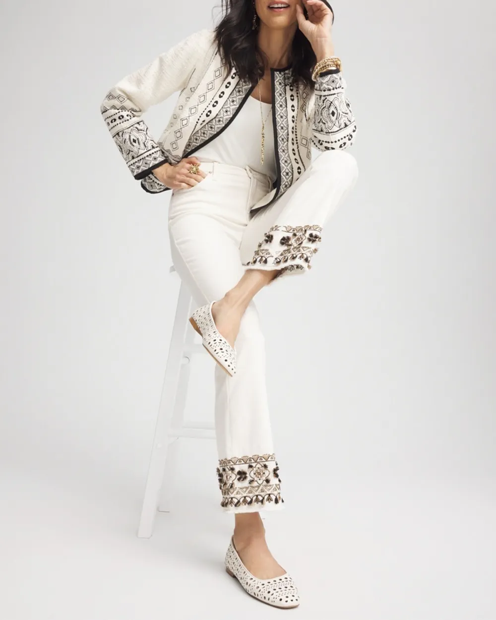 Embroidered Cuff Straight Jeans