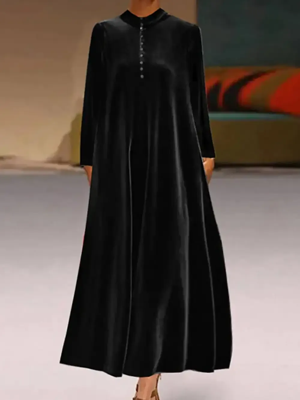 Mock Neck Buttoned  A-line Velvet Midi Dress