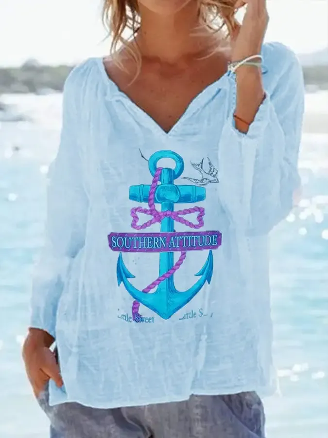 Women'S Anchor Long Sleeve V-Neck Casual Shirt