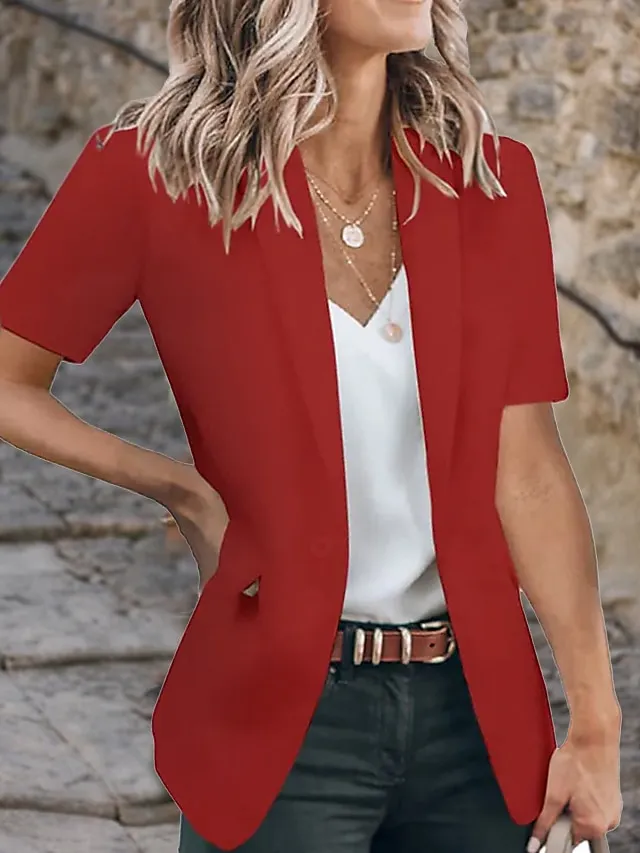 Women's Blazer Clean Fit Formal Office Work Summer Spring Regular Coat Regular Fit Breathable Simple Classic Style Modern Style Jacket Short Sleeves Solid Color Pure Color Slim Fit Black White Red