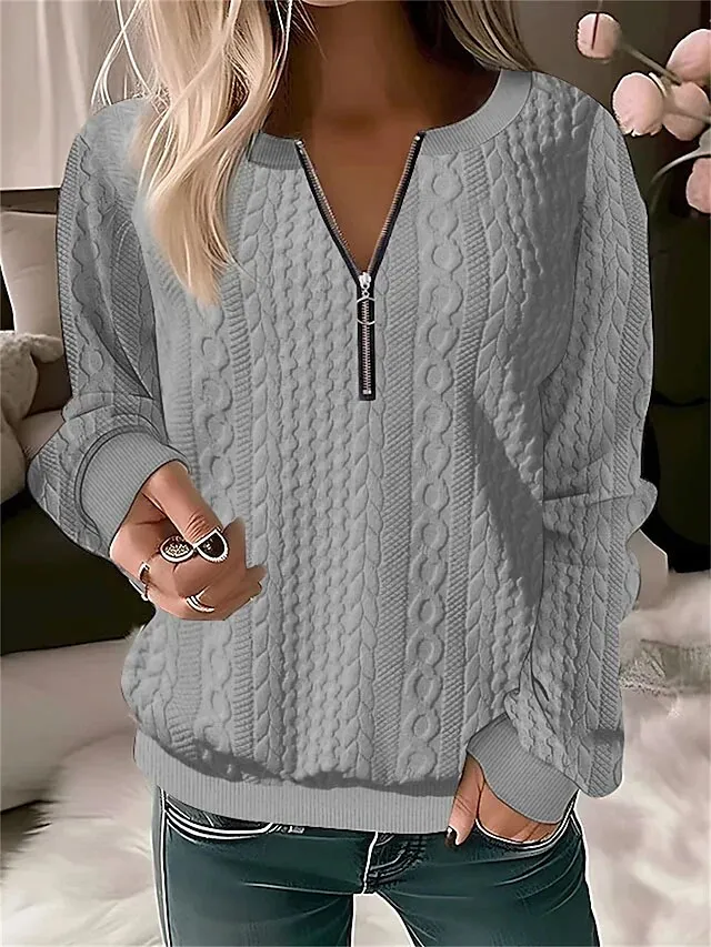 Women's Sweatshirt Pullover Textured Basic Quarter Zip White Pink Green Solid Color Street Casual Round Neck Long Sleeve Top Micro-elastic Fall & Winter