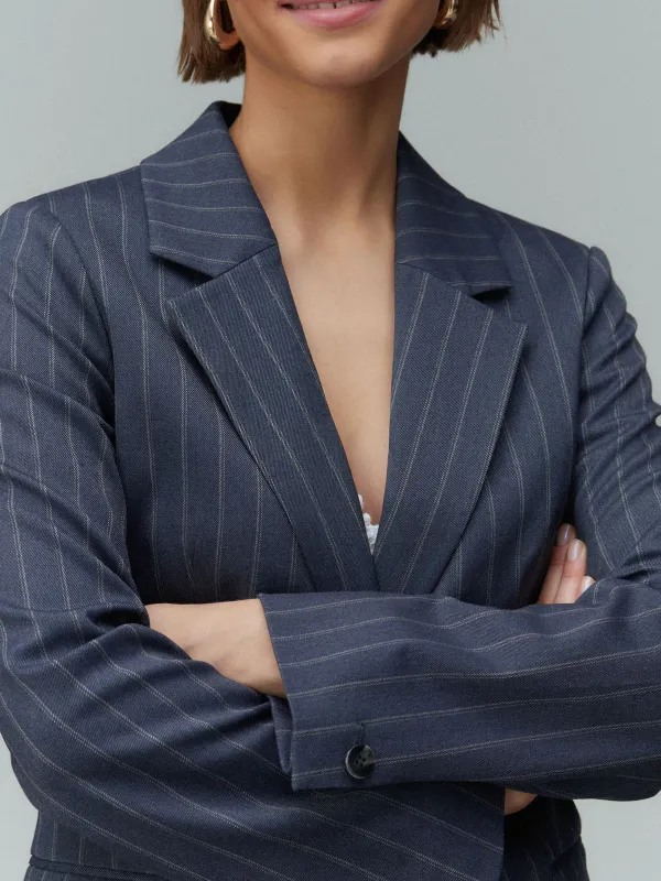 Navy Blue Single-Breasted Striped Suit Jacket