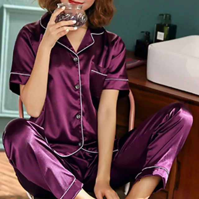 Women's Pajamas Pjs Sets 2 Pieces Pure Color Fashion Simple Comfort Home Xmas Christmas Daily Satin Lapel Short Sleeve Shirt Pant Elastic Waist Summer Spring Silver Black