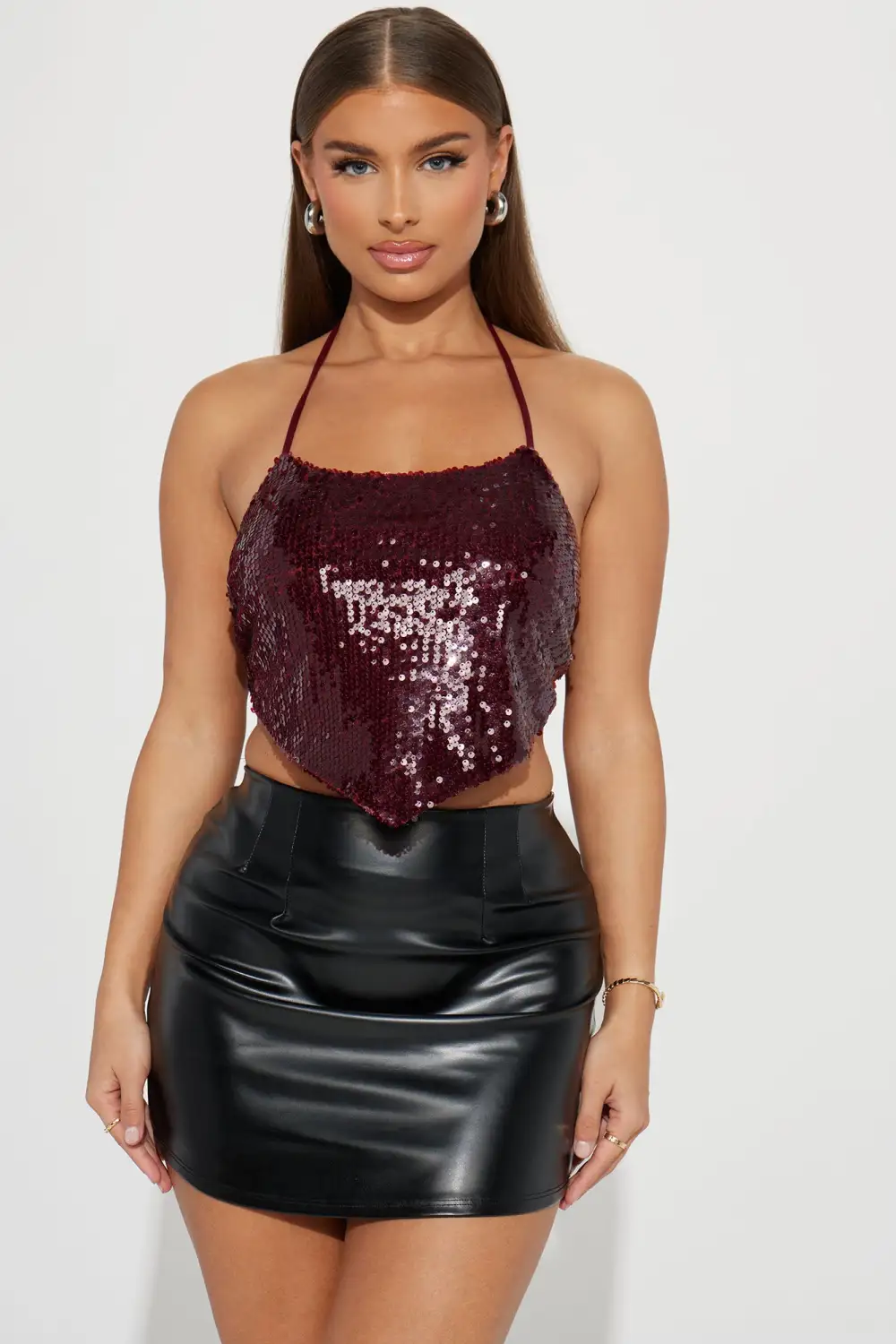 On The List Sequin Halter Top - Wine