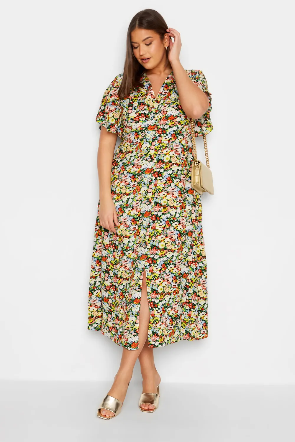 LTS Tall Yellow Floral Print Split Front Midaxi Dress
