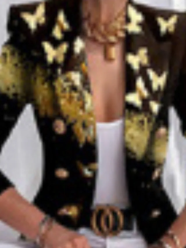 Women's Blazer Outdoor Daily Going out Fall Spring Regular Coat Regular Fit Breathable Streetwear Casual Jacket Long Sleeve Butterfly Pocket Gold