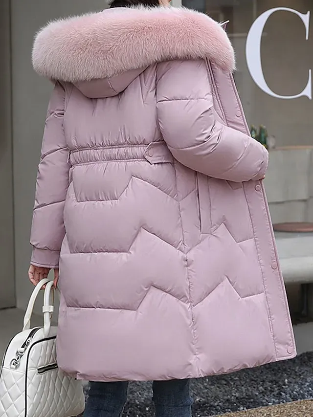 Women's Parka Winter Long Puffer Jacket Fall Windproof Warm Zipper Coat with Pocket Fur Collar Hood Modern Casual Street Style Plain Regular Fit Outerwear Long Sleeve Black White Pink