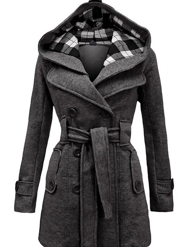 Women's Winter Coat Long Overcoat with Belt Elegant Pea Coat with Hood Double Breasted Warm Windproof Hoodie Jacket Fashion Daily Casual Outerwear Long Sleeve Black Wine Red S M L