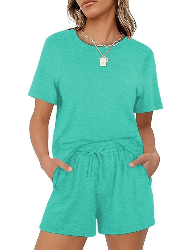 Women's Loungewear Sets Nighty 2 Pieces Pure Color Simple Comfort Home Street Cotton Crew Neck Short Sleeve T shirt Tee Shorts Spring Summer Green Blue