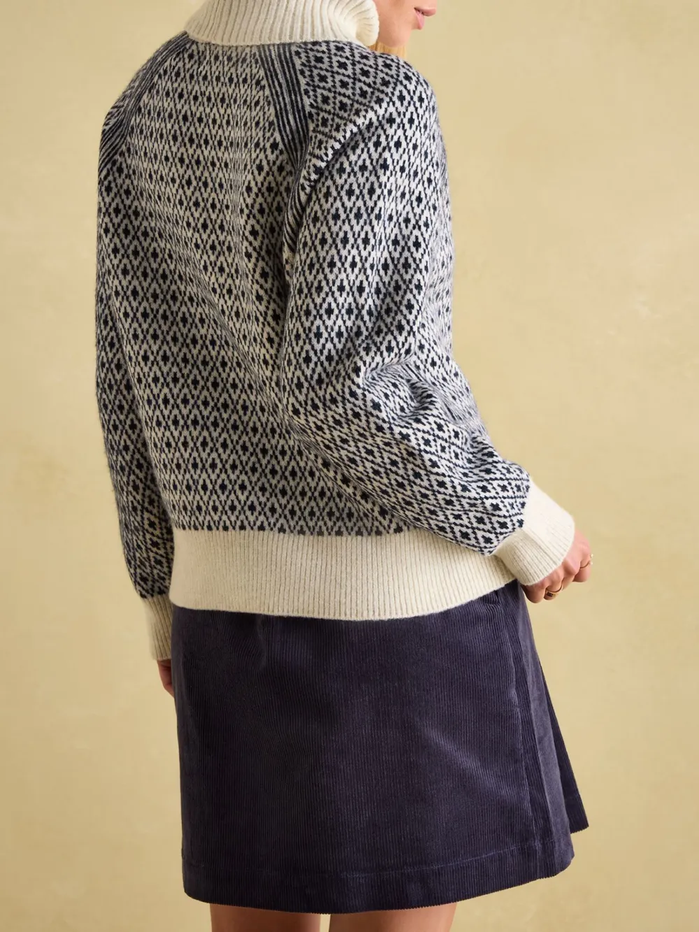 Cream/Navy Patterned Jumper with Detachable Roll Neck