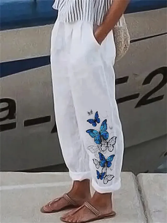 Women's Linen Pants Pants Trousers Baggy Full Length Faux Linen Side Pockets Baggy Fashion Casual Daily White Red S M