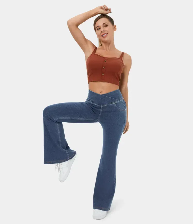 High Waisted Crossover Pocket Washed Stretchy Knit Denim Casual Super Flare Pants