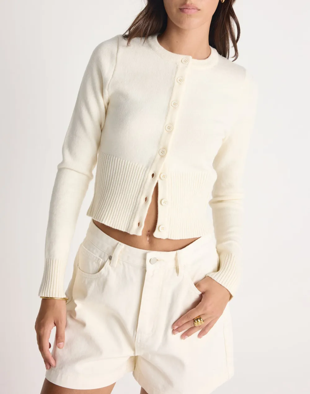 Stretch Ribbed-Knit Button-Down Top
