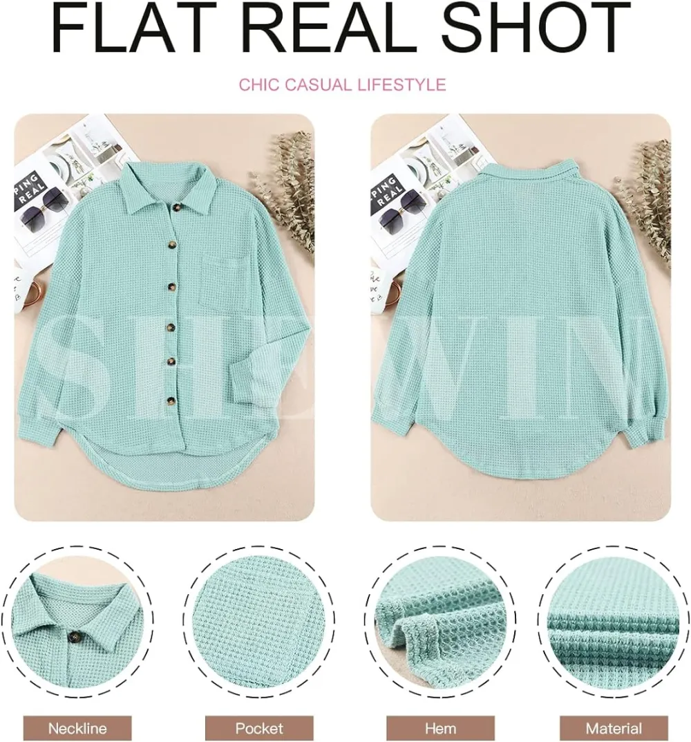 Womens Waffle Knit Button Down Shirts Casual Long Sleeve Shacket Jacket Boyfriend Tops Blouses Loose Fit