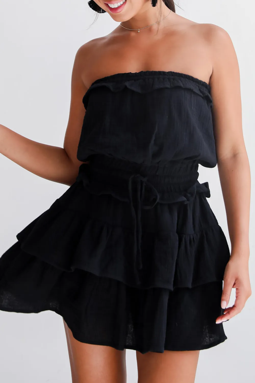 On The Sidelines Linen Strapless Mini Dress