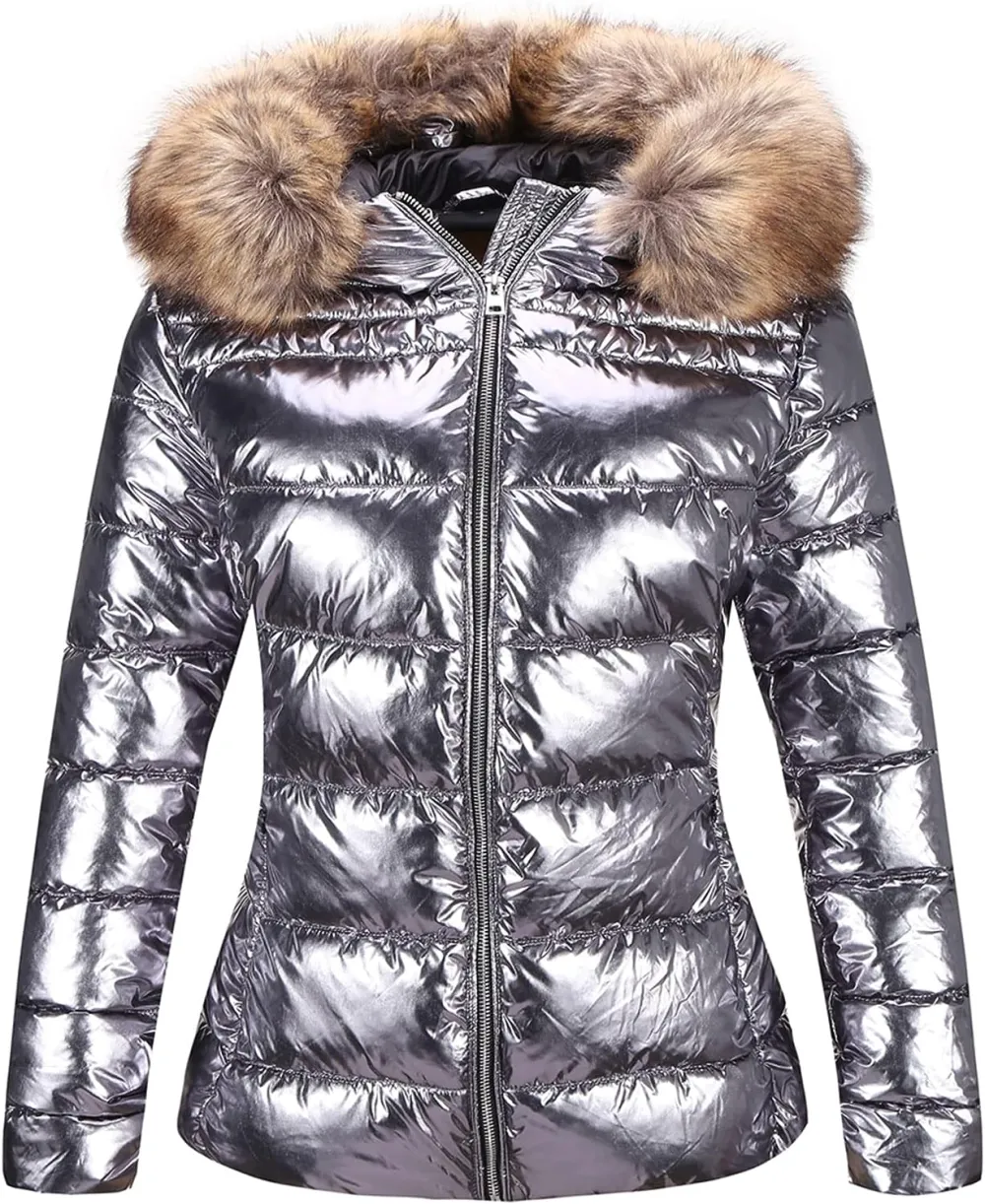 Womens Lightweight Puffer Jacket, Winter Coats for Women Warm Quilted Bubble Padded Hood Coat with Faux Fur Collar