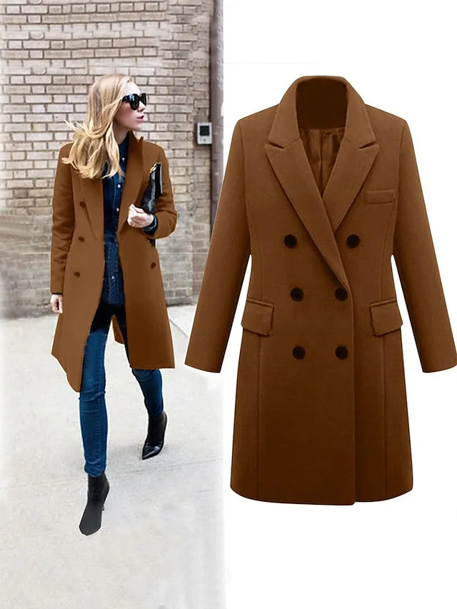 Women's Overcoat Fall Double Breasted Long Coat Thermal Warm Windproof Trench Coat Winter Coat Pea Coat Daily Wear Vacation Stylish Chic & Modern Jacket Long Sleeve Slim Fit Black