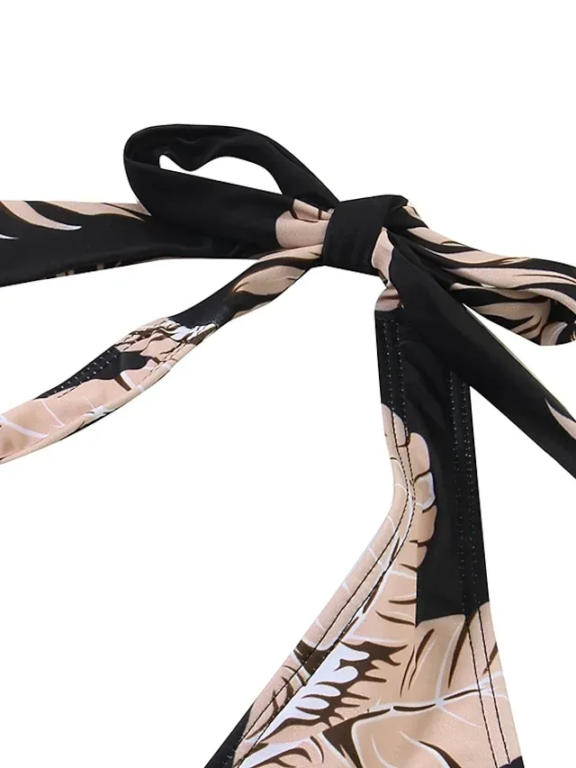 Women's Swimwear Tankini 2 Piece Plus Size Swimsuit Open Back Printing for Big Busts Trees / Leaves Black Halter V Wire Bathing Suits New Vacation Fashion / Modern / Padded Bras