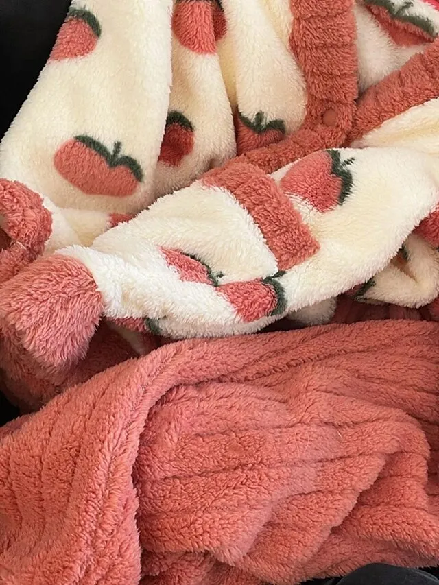 Women's Fleece Fluffy Fuzzy Warm Pajamas Sets Fruit Fashion Casual Comfort Home Daily Bed Flannel Warm V Wire Long Sleeve Cardigan Pant Button Pocket Fall Winter Pink Red