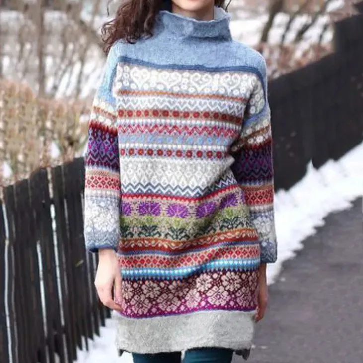 Fairman Isle Rainbow Print Turtleneck Long Sleeve Knit Midi Dress