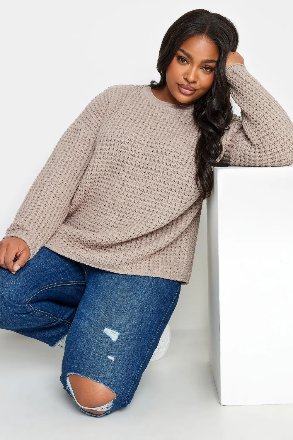 YOURS Curve Stone Brown Waffle Knit Jumper