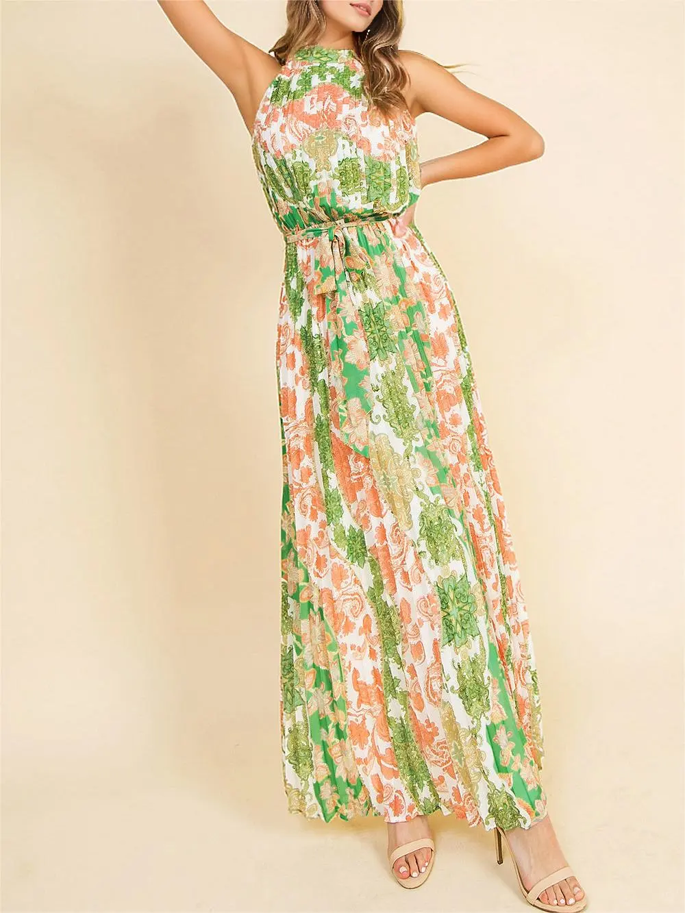 Green and Orange Pleated Maxi Dress