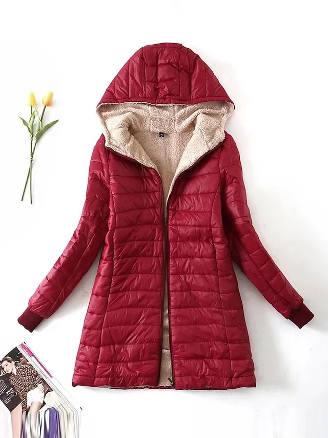 Women's Parka Quilted Coat Fleece Lined Sherpa Jacket Fall Long Coat Winter Puffer Jacket Windproof Warm Heated Coat Stylish Casual Jacket Long Sleeve Plain Full Zip Black