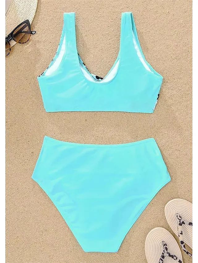 Women's Swimwear Bikini Normal Swimsuit 2 Piece Printing Leopard Blue Bathing Suits Sports Beach Wear Summer