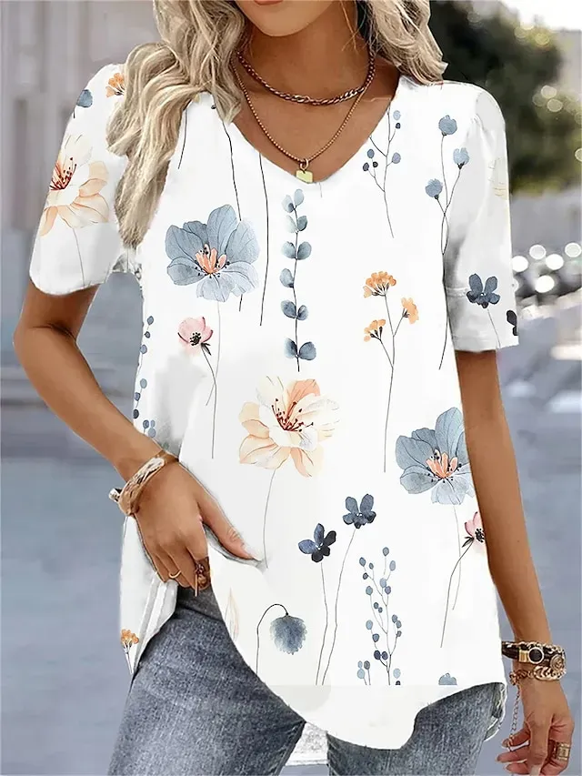 Women's T shirt Tee White Light Green Pink Floral Print Short Sleeve Holiday Weekend Basic V Neck Regular Floral Painting S