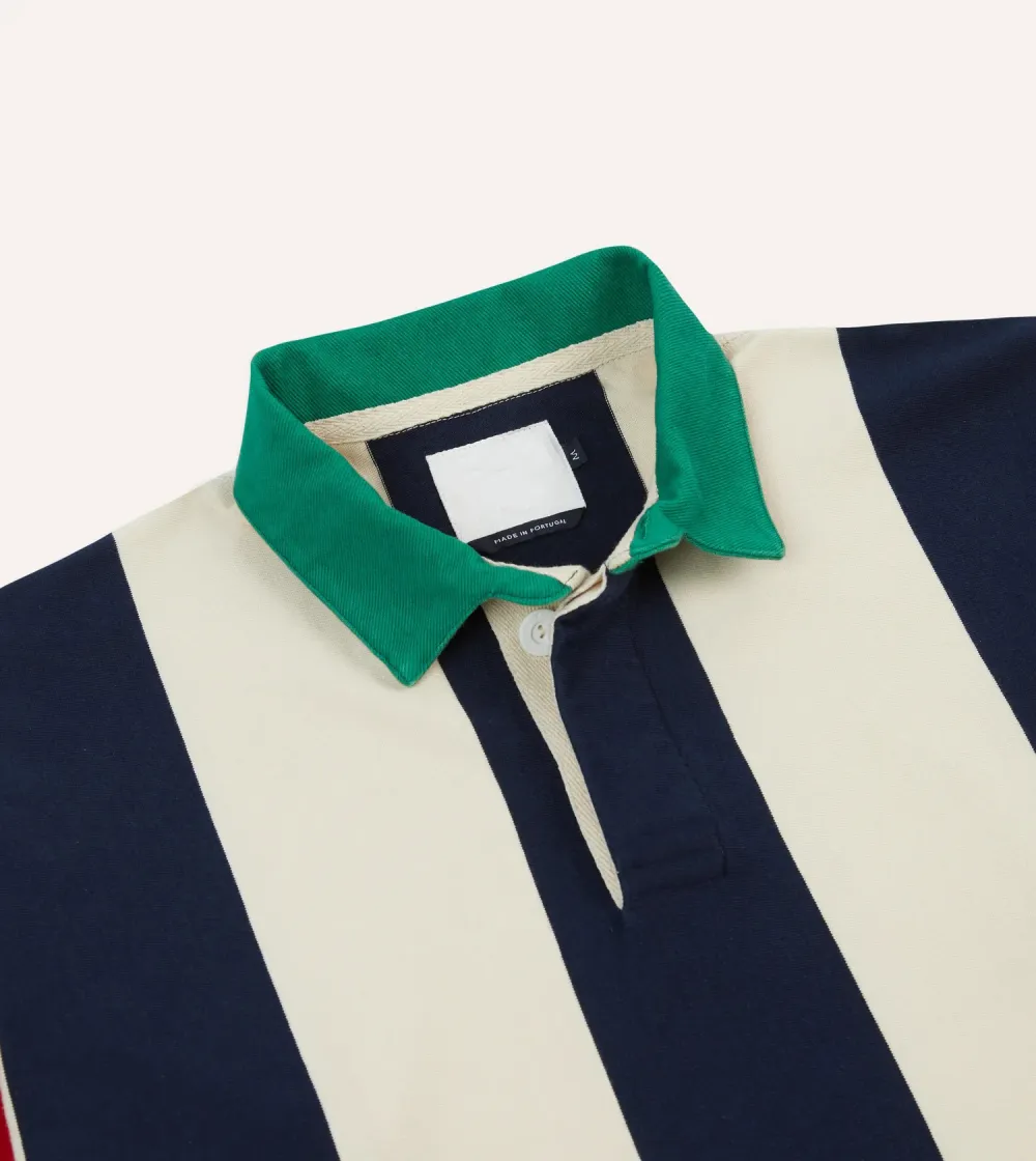 Navy, Red And Ecru Vertical Block Stripe Cotton Rugby Shirt Plain