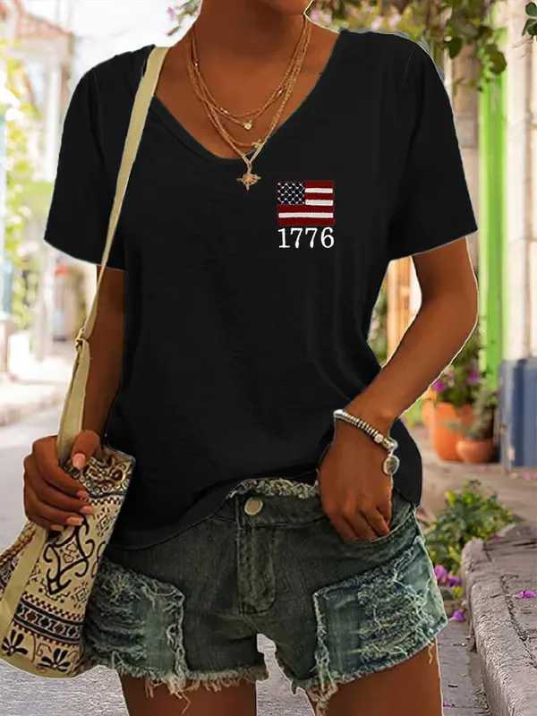 Women's Independence Day Flag Short Sleeves V-Neck Pure Cotton T-Shirt