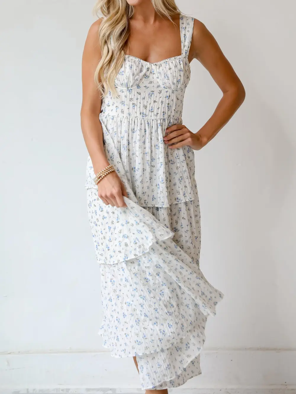 Caught Your Interest Ivory Floral Tiered Midi Dress