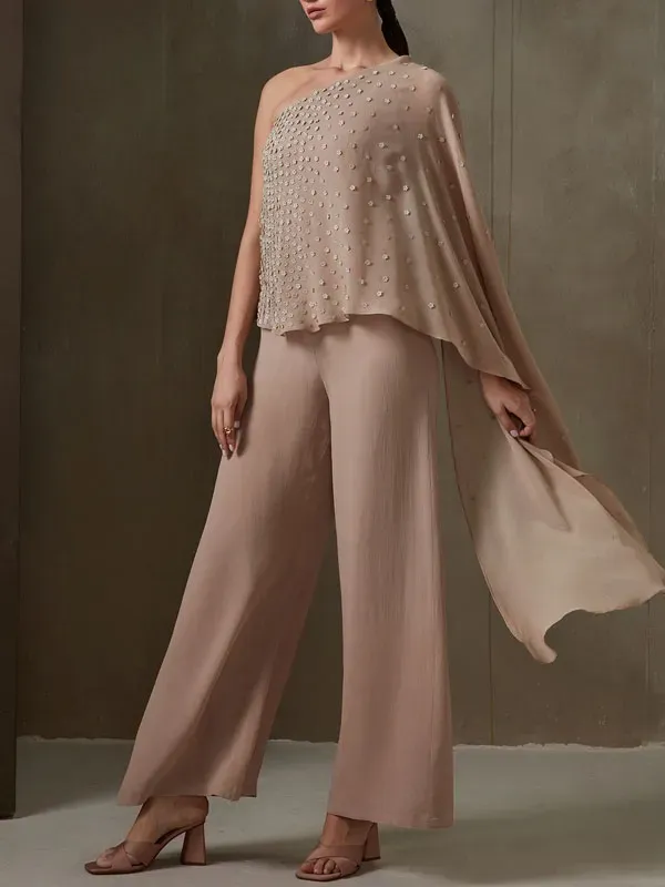 Fluttering Beaded Chiffon One Shoulder Women's Sets