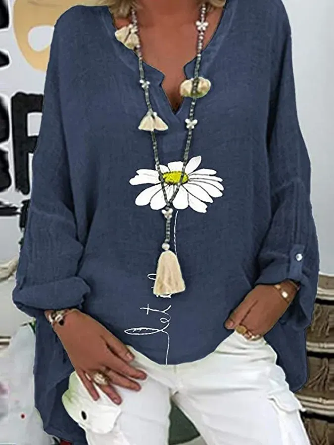 Ladies Cotton Linen V-Neck Plus Size Printed Shirt