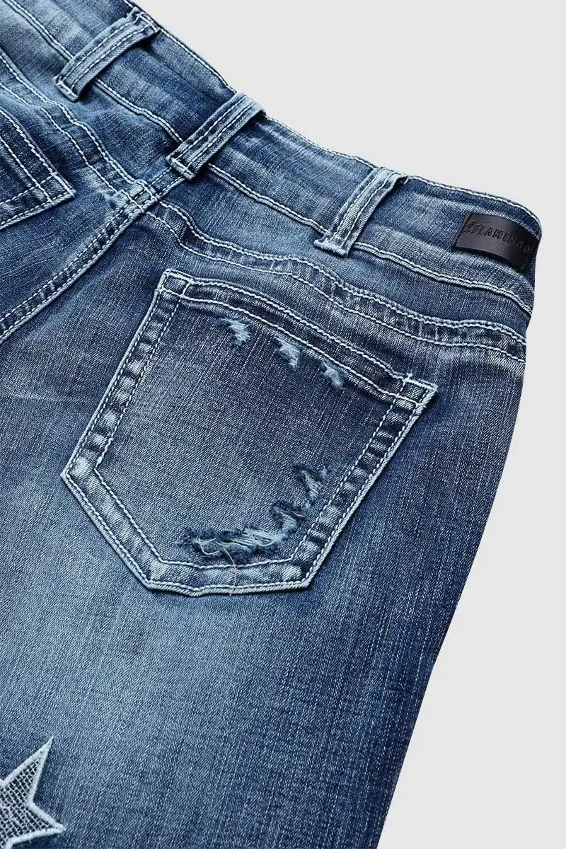 Star & Moon Pattern Button Front Mid Rise Bootcut Jeans