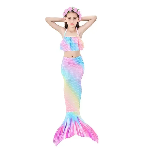 Kids Girls' Five Piece Bikini Swimming Rainbow Cute Print Bathing Suits 3-10 Years Spring Rose Red