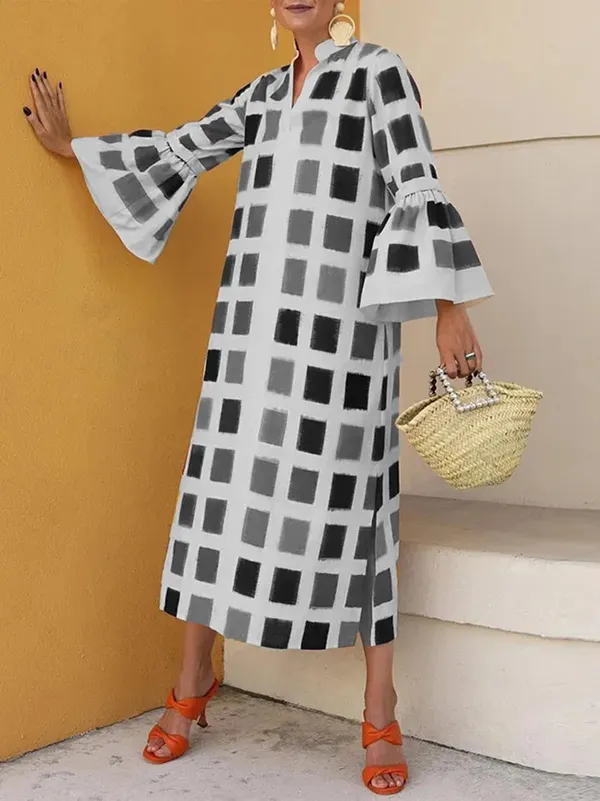 Original Flared Sleeves Split-Joint Multi-Colored Plaid Midi Dress